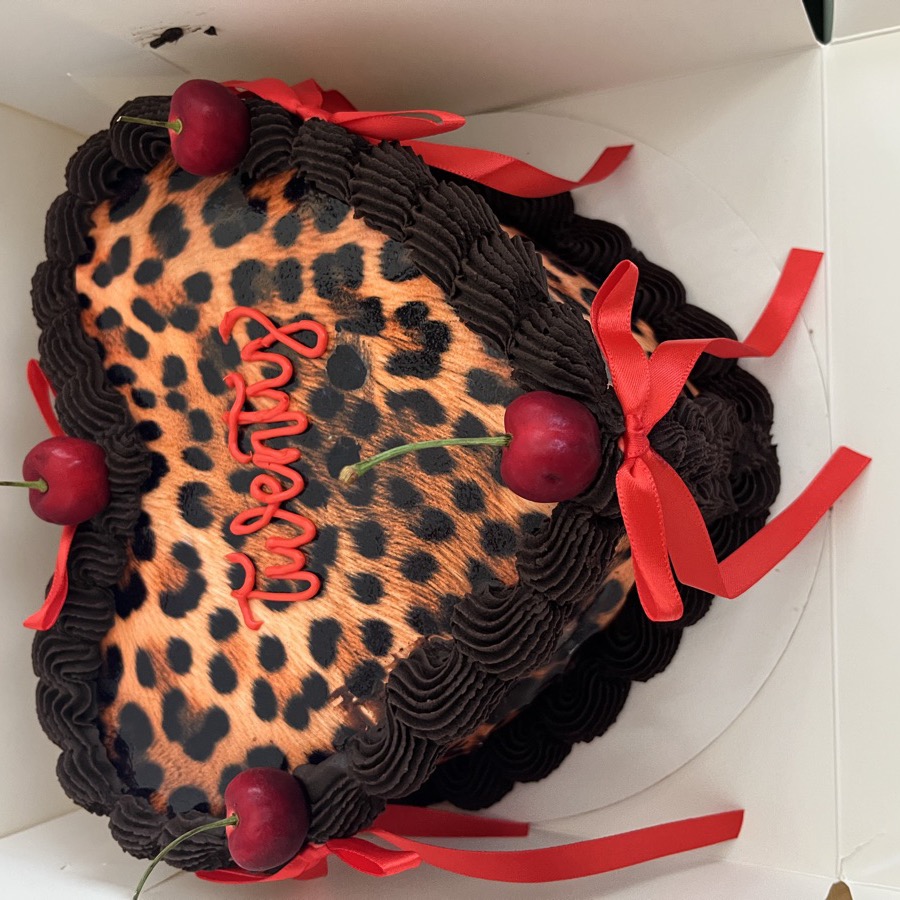 Sweet Snackerie — Leopard-print heart cake with cherries